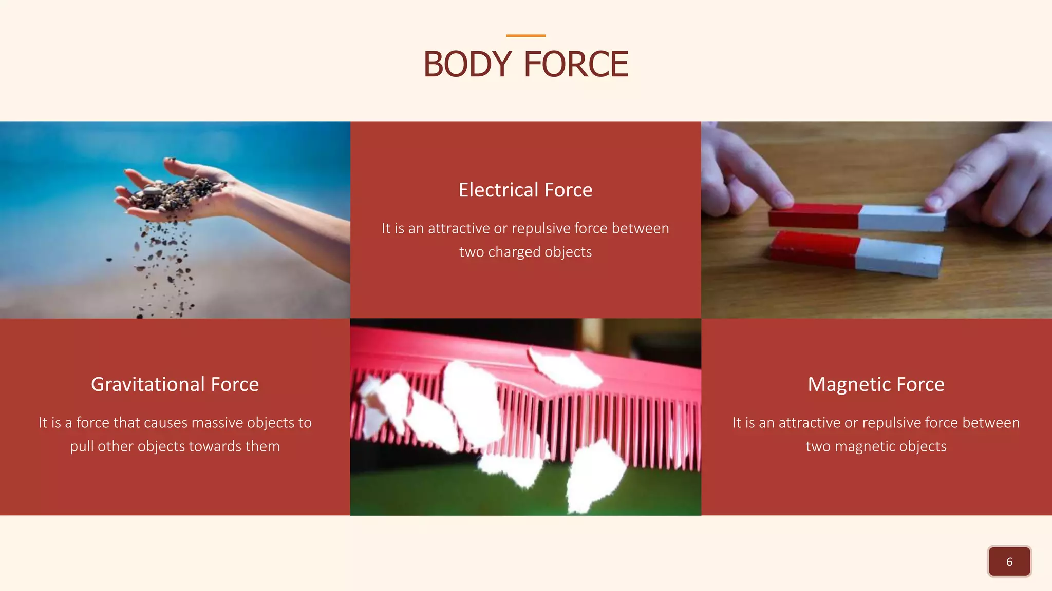 6
BODY FORCE
Gravitational Force
It is a force that causes massive objects to
pull other objects towards them
Electrical Force
It is an attractive or repulsive force between
two charged objects
Magnetic Force
It is an attractive or repulsive force between
two magnetic objects
 