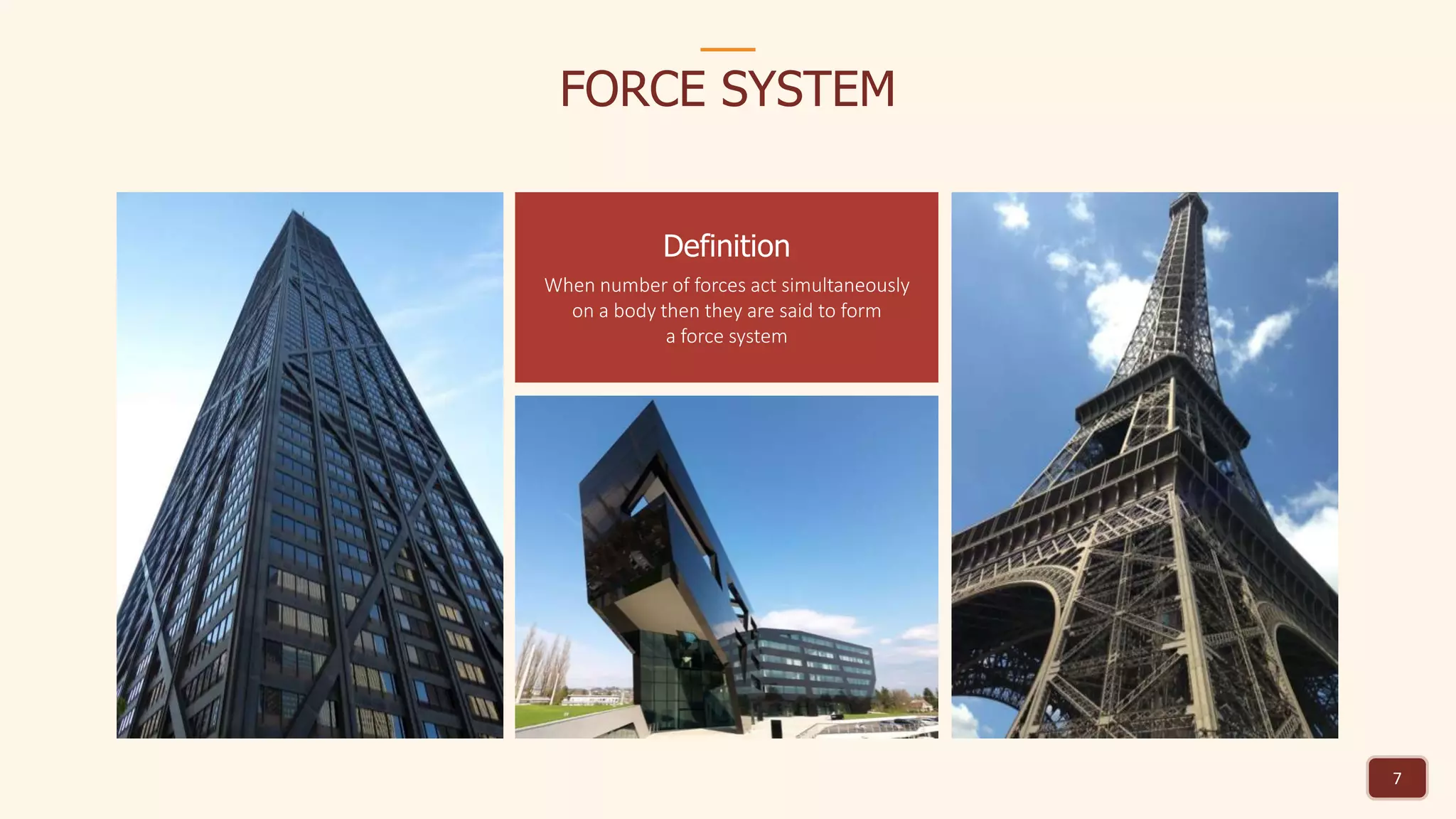 FORCE SYSTEM
7
Definition
When number of forces act simultaneously
on a body then they are said to form
a force system
 