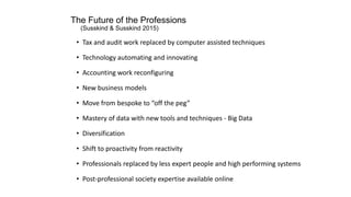 The Future of the Professions
(Susskind & Susskind 2015)
• Tax and audit work replaced by computer assisted techniques
• Technology automating and innovating
• Accounting work reconfiguring
• New business models
• Move from bespoke to “off the peg”
• Mastery of data with new tools and techniques - Big Data
• Diversification
• Shift to proactivity from reactivity
• Professionals replaced by less expert people and high performing systems
• Post-professional society expertise available online
 