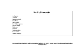 The Future of the Professions How Technology Will Transform the Work of Human Experts, Richard Susskind and Daniel
Susskind (2015)
 