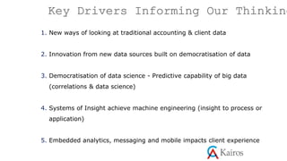 Key Drivers Informing Our Thinking
1. New ways of looking at traditional accounting & client data
2. Innovation from new data sources built on democratisation of data
3. Democratisation of data science - Predictive capability of big data
(correlations & data science)
4. Systems of Insight achieve machine engineering (insight to process or
application)
5. Embedded analytics, messaging and mobile impacts client experience
 