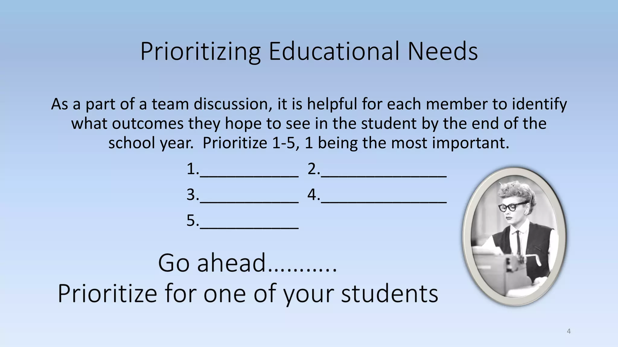 Prioritizing Educational Needs
As a part of a team discussion, it is helpful for each member to identify
what outcomes they hope to see in the student by the end of the
school year. Prioritize 1-5, 1 being the most important.
1.___________ 2.______________
3.___________ 4.______________
5.___________
4
 