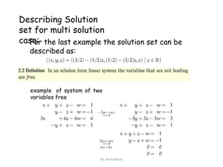 Describing Solution
set for multi solution
case: the last example the solution set can be
For
described as:

example of system of two
variables free

Dr. Amin Khalil

 