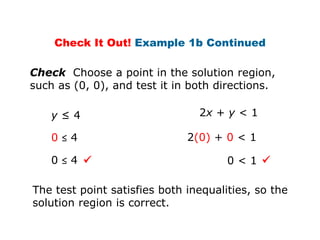 Check It Out! Example 1b Continued

Check Choose a point in the solution region,
such as (0, 0), and test it in both directions.

    y≤4                         2x + y < 1

    0≤4                       2(0) + 0 < 1

    0≤4                              0<1 

The test point satisfies both inequalities, so the
solution region is correct.
 