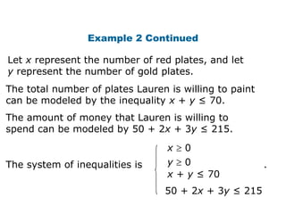 Example 2 Continued

Let x represent the number of red plates, and let
y represent the number of gold plates.
The total number of plates Lauren is willing to paint
can be modeled by the inequality x + y ≤ 70.
The amount of money that Lauren is willing to
spend can be modeled by 50 + 2x + 3y ≤ 215.
                                  x 0
The system of inequalities is     y 0                   .
                                  x + y ≤ 70
                                 50 + 2x + 3y ≤ 215
 