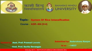 Topi
Course - AGR- 404 (0+4)
Guided by- Asst. Prof. Pramod Lawate
- Asst. Prof. Savita Devangan
B.Sc.(Ag.) 4th Yr., INSTITUTE OF AGRICULTURE SCIENCES, BHU
Submitted by- Sudarshana Ranjan
Id no - 14037
Topic- System Of Rice Intensification
 