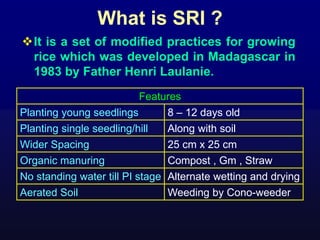 What is SRI ?
It is a set of modified practices for growing
rice which was developed in Madagascar in
1983 by Father Henr...