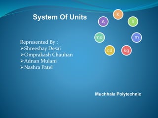 System Of Units
Represented By :
Shreeshay Desai
Omprakash Chauhan
Adnan Mulani
Nashra Patel
Muchhala Polytechnic
 