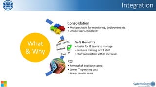 Integration 
What & Why 
Consolidation 
•Multiples tools for monitoring, deployment etc 
•Unnecessary complexity 
Soft Benefits 
•Easier for IT teams to manage 
•Reduces training for L1 staff 
•Staff satisfaction with IT increases 
ROI 
•Removal of duplicate spend 
•Lower IT operating cost 
•Lower vendor costs  