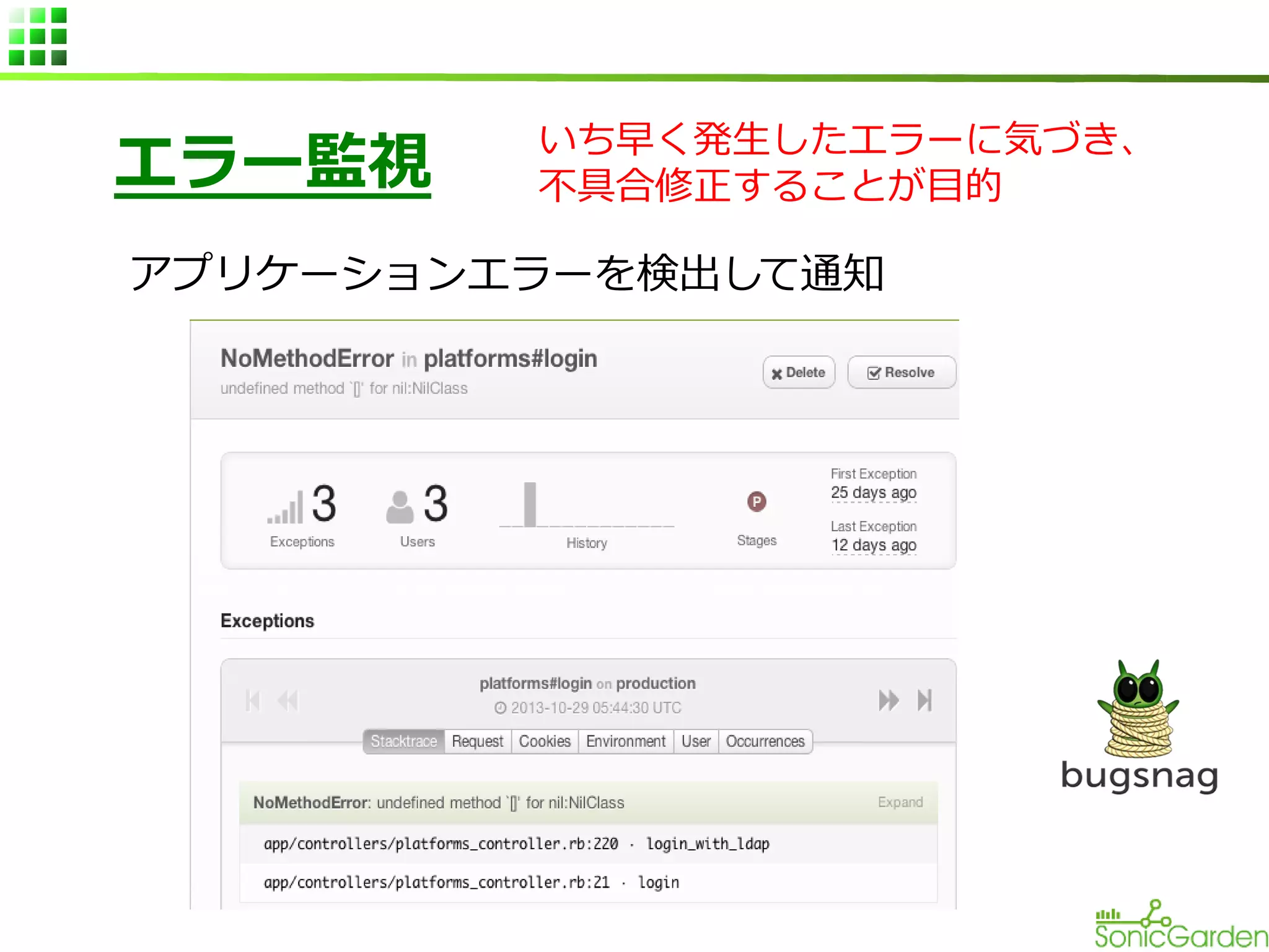 エラー監視

いち早く発生したエラーに気づき、
不具合修正することが目的

アプリケーションエラーを検出して通知

 