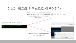 확장자가 mp3이지만 텍스트 파일임을 가정하고 숫자들을
해석하는 경우 숫자들을 아스키 혹은 유니코드로 해석한다.
아스키 코드에 대응하는 알파벳을 써 보면 의미 있는
텍스트가 나온다.
확장자가 mp3이지만 mp3파일을 위한 형식에 맞지
않아 파일을 재생할 수 없다.
정보는 비트와 컨텍스트로 이루어진다
 