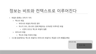 정보는 비트와 컨텍스트로 이루어진다
• 파일의 종류는 크게 두 가지
• 텍스트 파일
• 바이너리 파일의 특수한 경우
• 아스키 코드, 유니코드 등에 해당되는 숫자로만 이루어진 파일
• C언어 코드도 텍스트 파일의 일종
• 바이너리 파일
• 텍스트 파일 이외의 파일
• 시스템 입장에서는 텍스트 파일이나 바이너리 파일이나 똑같은 숫자 배열일 뿐임
바이너리 파일
텍스트 파일
 