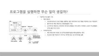 프로그램을 실행하면 무슨 일이 생길까?
• 기본적인 하드웨어 구조
• 메인 메모리
• 프로세서(CPU)가 프로그램을 실행하는 동안 데이터와 프로그램을 저장하는 임시 저장장치
• 물리적으로 메인 메모리는 DRAM칩들로 구성
• 논리적으로 메모리는 연속적인 바이트의 배열로, 각각 0부터 시작해서 고유의 주소(배열의
인덱스)를 가지고 있다.
• 프로세서(CPU)
• 메인 메모리에 저장된 인스트럭션(명령어)들을 해독(실행)하는 엔진
• PC(프로그램 카운터)가 가리키는 위치에 있는 인스트럭션을 실행
 