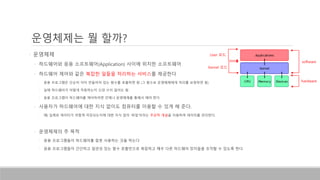 • 운영체제
• 하드웨어와 응용 소프트웨어(Application) 사이에 위치한 소프트웨어
• 하드웨어 제어와 같은 복잡한 일들을 처리하는 서비스를 제공한다
• 응용 프로그램은 단순히 이미 만들어져 있는 함수를 호출하면 됨 (그 함수로 운영체제에게 처리를 요청하면 됨)
• 실제 하드웨어가 어떻게 작동하는지 신경 쓰지 않아도 됨
• 응용 프로그램이 하드웨어를 제어하려면 언제나 운영체제를 통해서 해야 한다
• 사용자가 하드웨어에 대한 지식 없이도 컴퓨터를 이용할 수 있게 해 준다.
• 예) 실제로 데이터가 어떻게 저장되는지에 대한 지식 없이 ‘파일‘이라는 추상적 개념을 이용하여 데이터를 관리한다.
• 운영체제의 주 목적
• 응용 프로그램들이 하드웨어를 잘못 사용하는 것을 막는다
• 응용 프로그램들이 간단하고 일관성 있는 함수 호출만으로 복잡하고 매우 다른 하드웨어 장치들을 조작할 수 있도록 한다
운영체제는 뭘 할까?
software
hardware
User 모드
Kernel 모드
 
