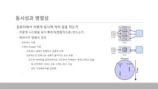 • 컴퓨터에서 어떻게 동시에 여러 일을 하는가
• 어떻게 시스템을 보다 빠르게(병렬적으로) 만드는가
• 여러가지 방법이 있다.
• 프로세스 이용
• 스레드(Thread) 이용
• 프로세스 내에서 실행되는 흐름의 단위
• 프로세스의 컨텍스트 내에서 돌아가는 논리 흐름
• 코드와 데이터를 공유하면서도 자신만의 지역변수 영역(스택)이 있음
• 잘 조작하면 스레드 고유 스택도 접근 가능
• 같은 가상메모리를 공유함
• …
동시성과 병렬성
 