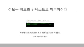 정보는 비트와 컨텍스트로 이루어진다
헥사 에디터로 hello0라 쓰고 확장자를 mp3로 저장했다.
어떤 일이 일어날까?
 