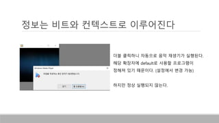 정보는 비트와 컨텍스트로 이루어진다
더블 클릭하니 자동으로 음악 재생기가 실행된다.
해당 확장자에 default로 사용할 프로그램이
정해져 있기 때문이다. (설정에서 변경 가능)
하지만 정상 실행되지 않는다.
 