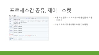 프로세스간 공유, 제어 – 소켓
◦ 보통 외부 컴퓨터의 프로세스와 통신할 때 이용
◦ 네트워크
◦ 내부 프로세스간 통신에도 이용 가능하다.
 