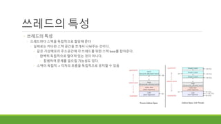쓰레드의 특성
◦ 쓰레드의 특성
◦ 쓰레드마다 스택을 독립적으로 할당해 준다
◦ 실제로는 커다란 스택 공간을 쪼개서 나눠주는 것이다.
◦ 같은 가상메모리 주소공간에 각 쓰레드를 위한 스택 base를 잡아준다.
◦ 완벽히 독립적으로 떨어져 있는 것이 아니다.
◦ 침범하여 문제를 일으킬 가능성도 있다.
◦ 스택이 독립적 -> 각자의 흐름을 독립적으로 유지할 수 있음
 