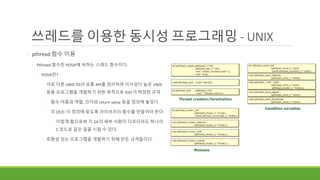 쓰레드를 이용한 동시성 프로그래밍 - UNIX
◦ pthread 함수 이용
◦ Pthread 함수란 POSIX에 속하는 스레드 함수이다.
◦ POSIX란?
◦ 서로 다른 UNIX OS의 공통 API를 정리하여 이식성이 높은 UNIX
응용 프로그램을 개발하기 위한 목적으로 IEEE가 책정한 규격
◦ 함수 이름과 역할, 인자와 return value 등을 정의해 놓았다.
◦ 각 OS는 이 정의에 맞도록 라이브러리 함수를 만들어야 한다.
◦ 이렇게 함으로써 각 OS의 세부 사항이 다르더라도 하나의
C 코드로 같은 일을 시킬 수 있다.
◦ 호환성 있는 프로그램을 개발하기 위해 만든 규격들이다.
cond
 
