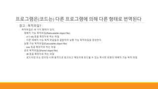 프로그램은(코드는) 다른 프로그램에 의해 다른 형태로 번역된다
◦ 참고 : 목적파일?
◦ 목적파일은 세 가지 형태가 있다.
◦ 재배치 가능 목적파일(Relocatable object file)
◦ o나 obj 등을 확장자로 하는 파일
◦ 다른 재배치 가능 목적 파일들과 결합하여 실행 가능 목적파일을 생성한다.
◦ 실행 가능 목적파일(Executable object file)
◦ exe 등을 확장자로 하는 파일
◦ 공유 목적파일(Shared object file)
◦ dll 등을 확장자로 하는 파일
◦ 로드타임 또는 런타임 시에 동적으로 링크되고 메모리에 로드될 수 있는 특수한 유형의 재배치 가능 목적 파일
 