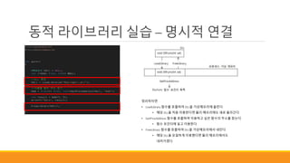 동적 라이브러리 실습 – 명시적 연결
정리하자면
• LoadLibrary 함수를 호출하여 DLL을 가상메모리에 올린다.
• 해당 DLL을 처음 이용한다면 물리 메모리에도 새로 올라간다.
• GetProcAddress 함수를 호출하여 이용하고 싶은 함수의 주소를 찾는다.
• 함수 포인터에 넣고 이용한다.
• FreeLibrary 함수를 호출하여 DLL을 가상메모리에서 내린다.
• 해당 DLL을 유일하게 이용했다면 물리 메모리에서도
내려가겠다.
 