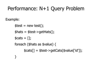 Performance: N+1 Query Problem
Example:
$test = new test();
$hats = $test->getHats();
$cats = [];
foreach ($hats as $value) {
$cats[] = $test->getCats($value['id']);
}
 