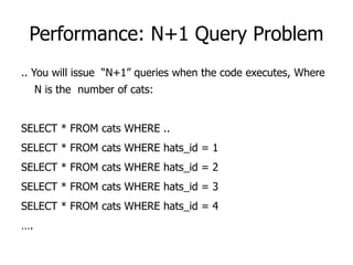 Performance: N+1 Query Problem
.. You will issue “N+1” queries when the code executes, Where
N is the number of cats:
SELECT * FROM cats WHERE ..
SELECT * FROM cats WHERE hats_id = 1
SELECT * FROM cats WHERE hats_id = 2
SELECT * FROM cats WHERE hats_id = 3
SELECT * FROM cats WHERE hats_id = 4
….
 