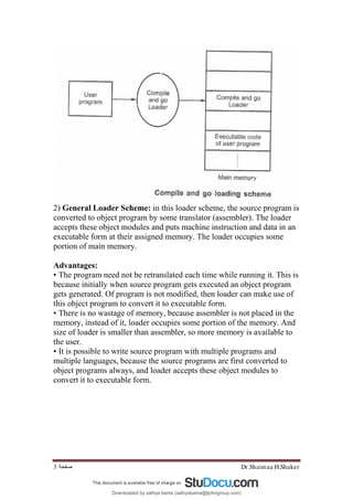 Dr.Shaimaa H.Shaker
‫ﺻﻔﺤﺔ‬
3
2) General Loader Scheme: in this loader scheme, the source program is
converted to object program by some translator (assembler). The loader
accepts these object modules and puts machine instruction and data in an
executable form at their assigned memory. The loader occupies some
portion of main memory.
Advantages:
• The program need not be retranslated each time while running it. This is
because initially when source program gets executed an object program
gets generated. Of program is not modified, then loader can make use of
this object program to convert it to executable form.
• There is no wastage of memory, because assembler is not placed in the
memory, instead of it, loader occupies some portion of the memory. And
size of loader is smaller than assembler, so more memory is available to
the user.
• It is possible to write source program with multiple programs and
multiple languages, because the source programs are first converted to
object programs always, and loader accepts these object modules to
convert it to executable form.
Downloaded by sathya bama (sathyabama@tjohngroup.com)
lOMoARcPSD|15635541
 