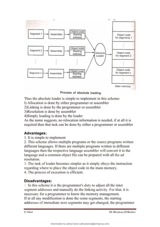 Dr.Shaimaa H.Shaker
‫ﺻﻔﺤﺔ‬
6
Thus the absolute loader is simple to implement in this scheme-
l) Allocation is done by either programmer or assembler
2)Linking is done by the programmer or assembler
3)Resolution is done by assembler
4)Simply loading is done by the loader
As the name suggests, no relocation information is needed, if at all it is
required then that task can be done by either a programmer or assembler
Advantages:
1. It is simple to implement
2. This scheme allows multiple programs or the source programs written
different languages. If there are multiple programs written in different
languages then the respective language assembler will convert it to the
language and a common object file can be prepared with all the ad
resolution.
3. The task of loader becomes simpler as it simply obeys the instruction
regarding where to place the object code in the main memory.
4. The process of execution is efficient.
Disadvantages:
1. In this scheme it is the programmer's duty to adjust all the inter
segment addresses and manually do the linking activity. For that, it is
necessary for a programmer to know the memory management.
If at all any modification is done the some segments, the starting
addresses of immediate next segments may get changed, the programmer
Downloaded by sathya bama (sathyabama@tjohngroup.com)
lOMoARcPSD|15635541
 