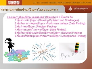 237 115 SYSTEM THINKING PROCESS FOR COMPUTER EDUCATOR

กระบวนการคิด เชิง แก้ป ญ หาในรูป แบบต่า งๆ
ั
กระบวนการคิดแก้ปัญหาของสเตนิช (Stanish) มี 6 ขั้นตอน คือ
1.ขั้นตระหนักรู้ปัญหา (Sensing Problem and Challenges)
2.ขั้นค้นหาสาเหตุของปัญหา หรือขั้นรวบรวมข้อมูล (Data Finding)
3.ขั้นกำาหนดปัญหา (Problem Finding)
4.ขั้นหาแนวทางในการแก้ปัญหา (Idea Finding)
5.ขั้นค้นหาข้อสรุปและเลือกวิธีการแก้ปัญหา (Solution Finding)
6.ขั้นยอมรับข้อสรุปและดำาเนินการแก้ปัญหา (Acceptance Finding)

 