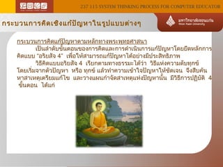 237 115 SYSTEM THINKING PROCESS FOR COMPUTER EDUCATOR

กระบวนการคิด เชิง แก้ป ญ หาในรูป แบบต่า งๆ
ั
กระบวนการคิดแก้ปัญหาตามหลักทางพระพุทธศาสนา
เป็นลำาดับขั้นตอนของการคิดและการดำาเนินการแก้ปัญหาโดยยึดหลักการ
คิดแบบ “อริยสัจ 4” เพือให้สามารถแก้ปัญหาได้อย่างมีประสิทธิภาพ
่
วิธีคิดแบบอริยสัจ 4 เรียกตามทางธรรมะได้ว่า วิธีแห่งความดับทุกข์
โดยเริ่มจากตัวปัญหา หรือ ทุกข์ แล้วทำาความเข้าใจปัญหาให้ชัดเจน จึงสืบค้น
หาสาเหตุเตรียมแก้ไข และวางแผนกำาจัดสาเหตุแห่งปัญหานัน มีวิธีการปฏิบัติ 4
้
ขั้นตอน ได้แก่

 