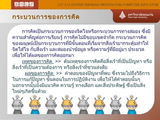 237 115 SYSTEM THINKING PROCESS FOR COMPUTER EDUCATOR

กระบวนการของการคิด
การคิดเป็นกระบวนการของจิตใจหรือกระบวนการทางสมอง ซึ่งมี
ความสำาคัญต่อการเรียนรู้ การคิดไม่มีขอบเขตจำากัด กระบวนการคิด
ของมนุษย์เป็นกระบวนการที่มีขั้นตอนที่เริ่มจากสิ่งเร้ามากระตุ้นทำาให้
จิตใส่ใจ กับสิ่งเร้า และสมองนำาข้อมูล หรือความรู้ที่มอยู่มา ประมวล
ี
เพื่อให้ได้ผลของการคิดออกมา
เหตุของการคิด >> ต้นเหตุของการคิดคือสิ่งเร้าที่เป็นปัญหา หรือ
สิ่งเร้าที่เป็นความต้องการ หรือสิงเร้าที่ชวนสงสัย
่
ผลของการคิด >> คำาตอบของปัญหาที่พบ ซึ่งรวมไปถึงวิธีการ
ในการแก้ปญหา ขั้นตอนในการปฏิบติงาน เพื่อให้ได้คำาตอบนั้นๆ
ั
ั
นอกจากนั้นยังมีแนวคิด ความรู้ ทางเลือก และสิงประดิษฐ์ ซึ่งเป็นสิ่ง
่
ใหม่ๆเกิดขึ้นด้วย

 