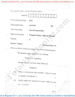System programming question paper 2016 tutorialsduniya | PDF
