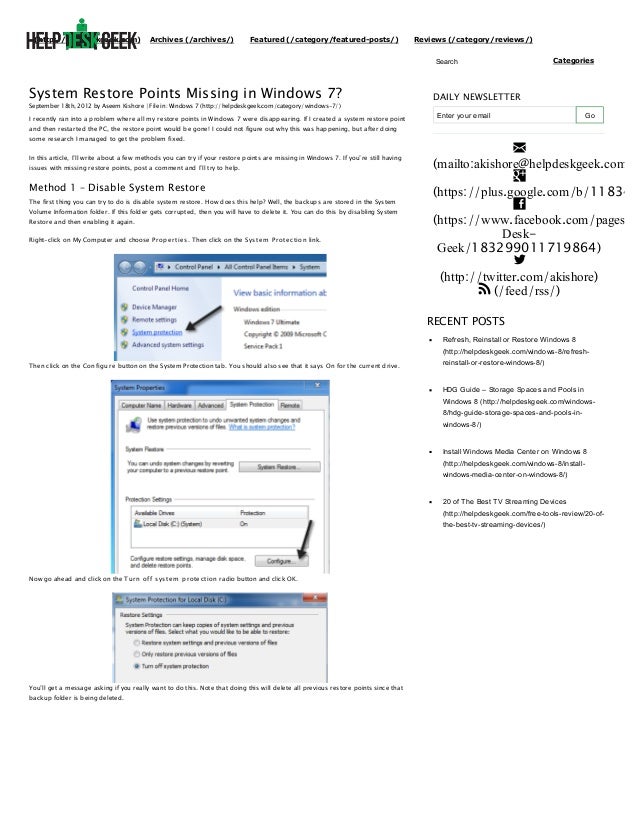 System restore points missing in windows 7 help desk geek