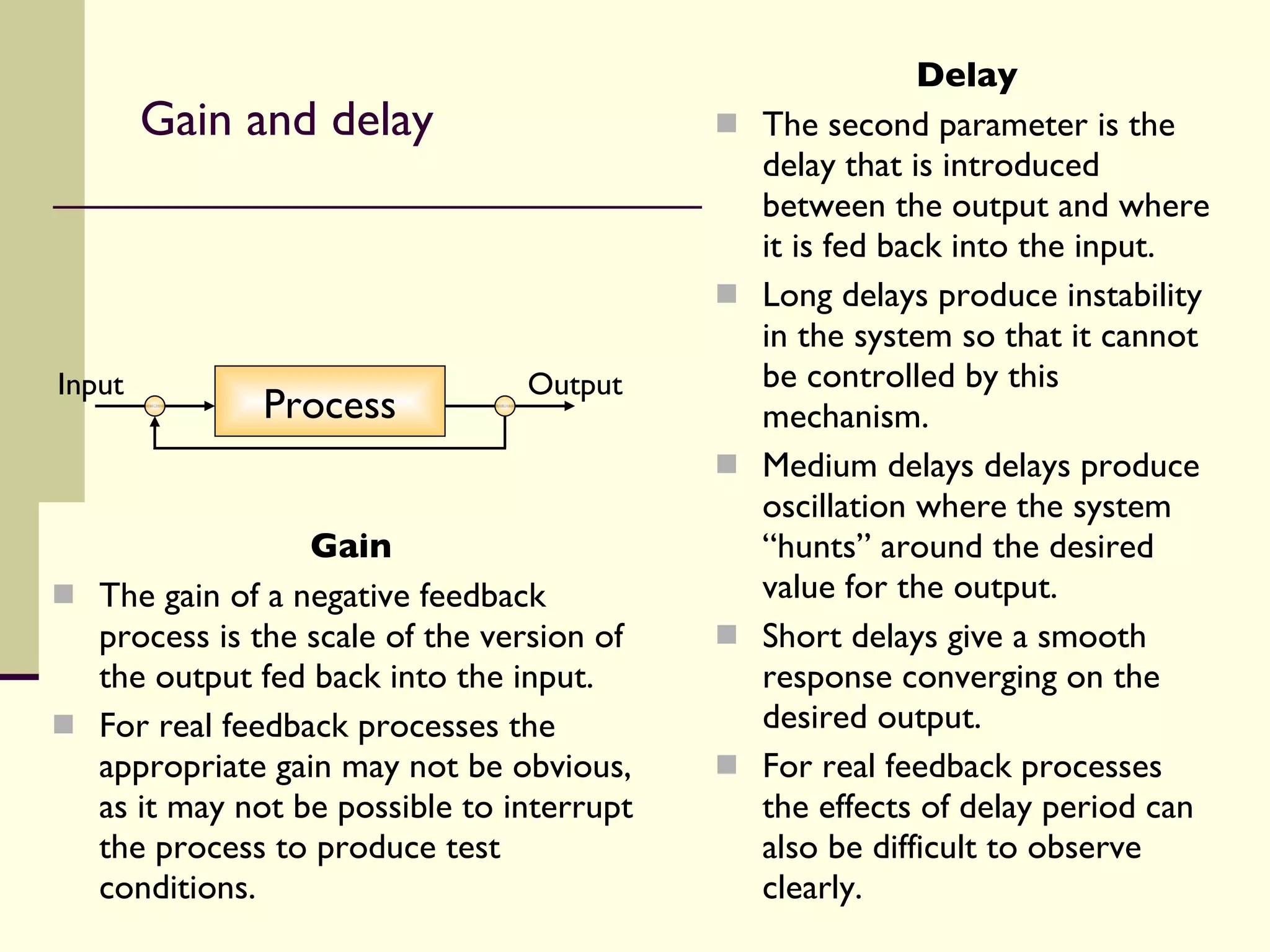 Gain and delay Gain The gain of a negative feedback process is the scale of the version of the output fed back into the input.  For real feedback processes the appropriate gain may not be obvious, as it may not be possible to interrupt the process to produce test conditions. Delay The second parameter is the delay that is introduced between the output and where it is fed back into the input. Long delays produce instability in the system so that it cannot be controlled by this mechanism. Medium delays delays produce oscillation where the system “hunts” around the desired value for the output. Short delays give a smooth response converging on the desired output. For real feedback processes the effects of delay period can also be difficult to observe clearly. Process Input Output 