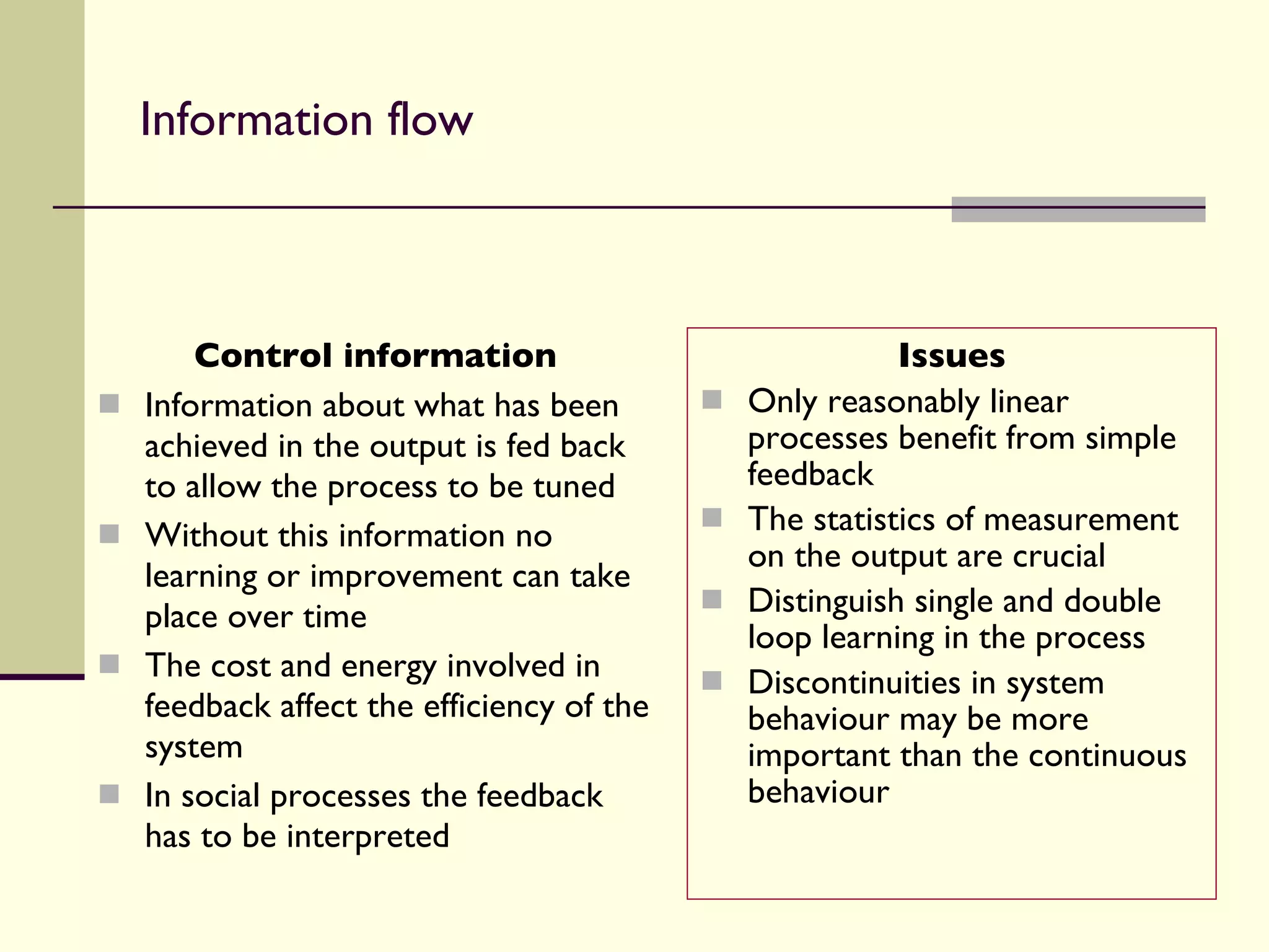 Information flow Control information Information about what has been achieved in the output is fed back to allow the process to be tuned Without this information no learning or improvement can take place over time The cost and energy involved in feedback affect the efficiency of the system In social processes the feedback has to be interpreted Issues Only reasonably linear processes benefit from simple feedback The statistics of measurement on the output are crucial Distinguish single and double loop learning in the process Discontinuities in system behaviour may be more important than the continuous behaviour 