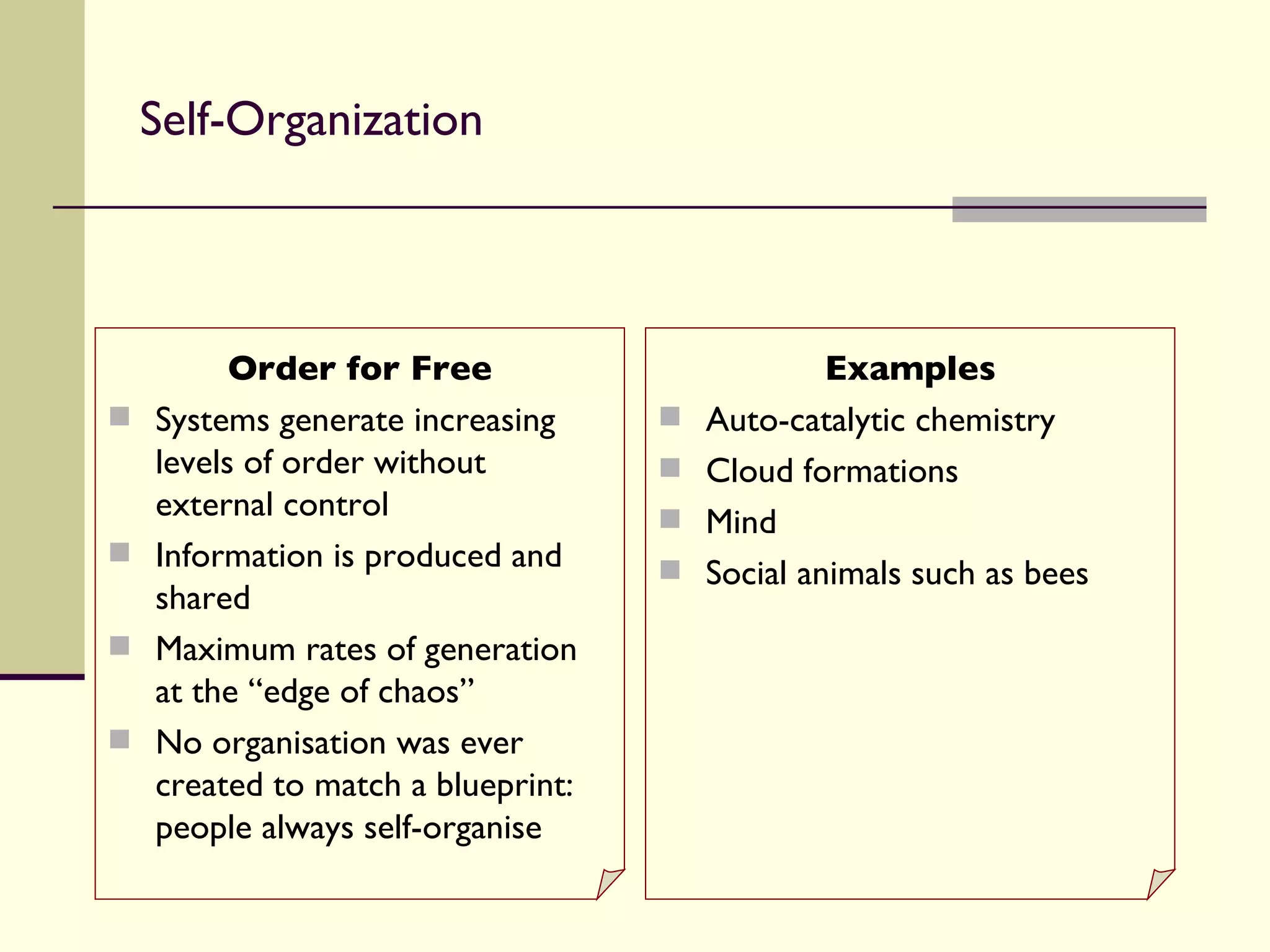 Self-Organization Order for Free Systems generate increasing levels of order without external control Information is produced and shared Maximum rates of generation at the “edge of chaos” No organisation was ever created to match a blueprint: people always self-organise Examples Auto-catalytic chemistry Cloud formations Mind Social animals such as bees 
