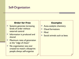 Self-Organization Order for Free Systems generate increasing levels of order without external control Information is produced and shared Maximum rates of generation at the “edge of chaos” No organisation was ever created to match a blueprint: people always self-organise Examples Auto-catalytic chemistry Cloud formations Mind Social animals such as bees 