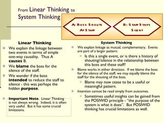From  Linear Thinking  to  System Thinking Linear Thinking We explain the linkage between two events in terms of simple one-way causality.  Thus A  causes  B. We  blame  the boss for the silence of the staff. We wonder if the boss  intended  to reduce the staff to silence - this was perhaps the hidden  purpose . Important Note .  Linear Thinking is not always wrong.  Indeed, it is often very useful.  But it has some crucial limitations. System Thinking We explain linkage as mutual, complementary.  Events are part of a larger pattern. Is this a single event, or is there a history of shouting//silence in the relationship between this boss and these staff? Blame works in either direction.  If we blame the boss for the silence of the staff, we may equally blame the staff for the shouting of the boss. Blame may now cease to be a useful or meaningful pattern. Intention cannot be read simply from outcomes. Sometimes useful insights can be gained from the POSIWID principle - “the purpose of the system is what it does”.  But POSIWID thinking has crucial limitations as well. A: Boss Shouts At Staff B: Staff Stays Silent 