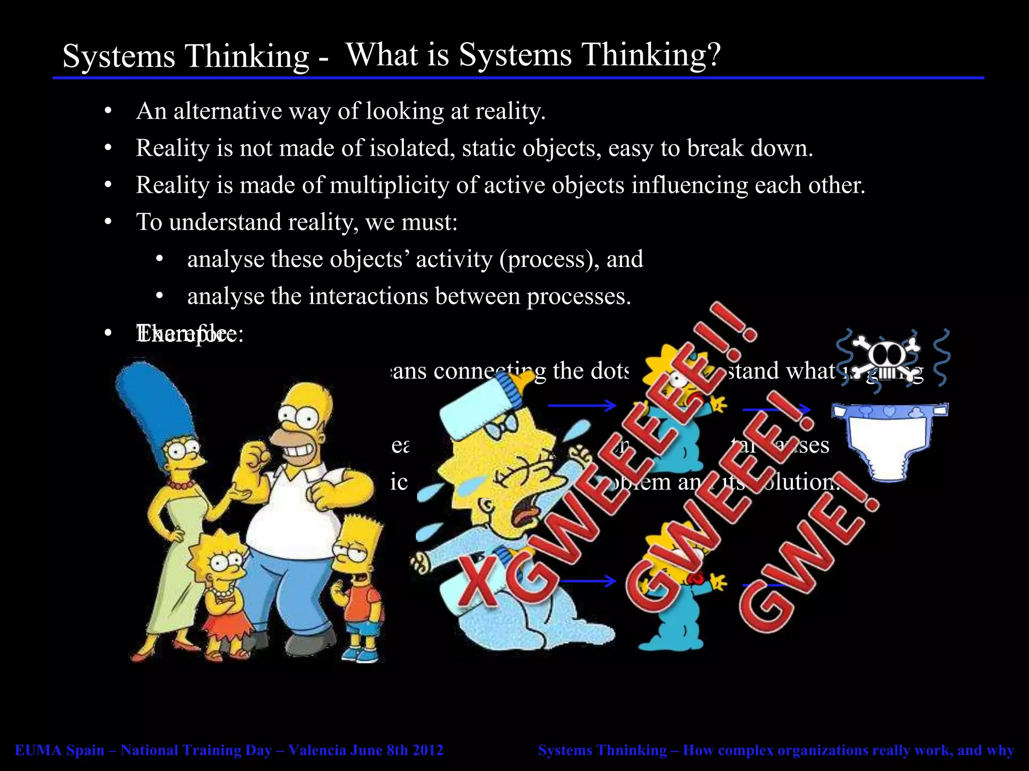 Systems Thinking - Agenda Systems Thinking?
                         What is
            • An alternative way of looking at reality.
            • Reality is not made of isolated, static objects, easy to break down.
            • Reality is made of multiplicity of active objects influencing each other.
            • To understand reality, we must:
               • analyse these objects’ activity (process), and
               • analyse the interactions between processes.
            • Example:
              Therefore:
               • System thinking means connecting the dots to understand what is going
                   on.
               • Systems thinking means considering the environmental causes,
                   influences and implications of a given problem and its solution.




EUMA Spain – National Training Day – Valencia June 8th 2012   Systems Thninking – How complex organizations really work, and why
 