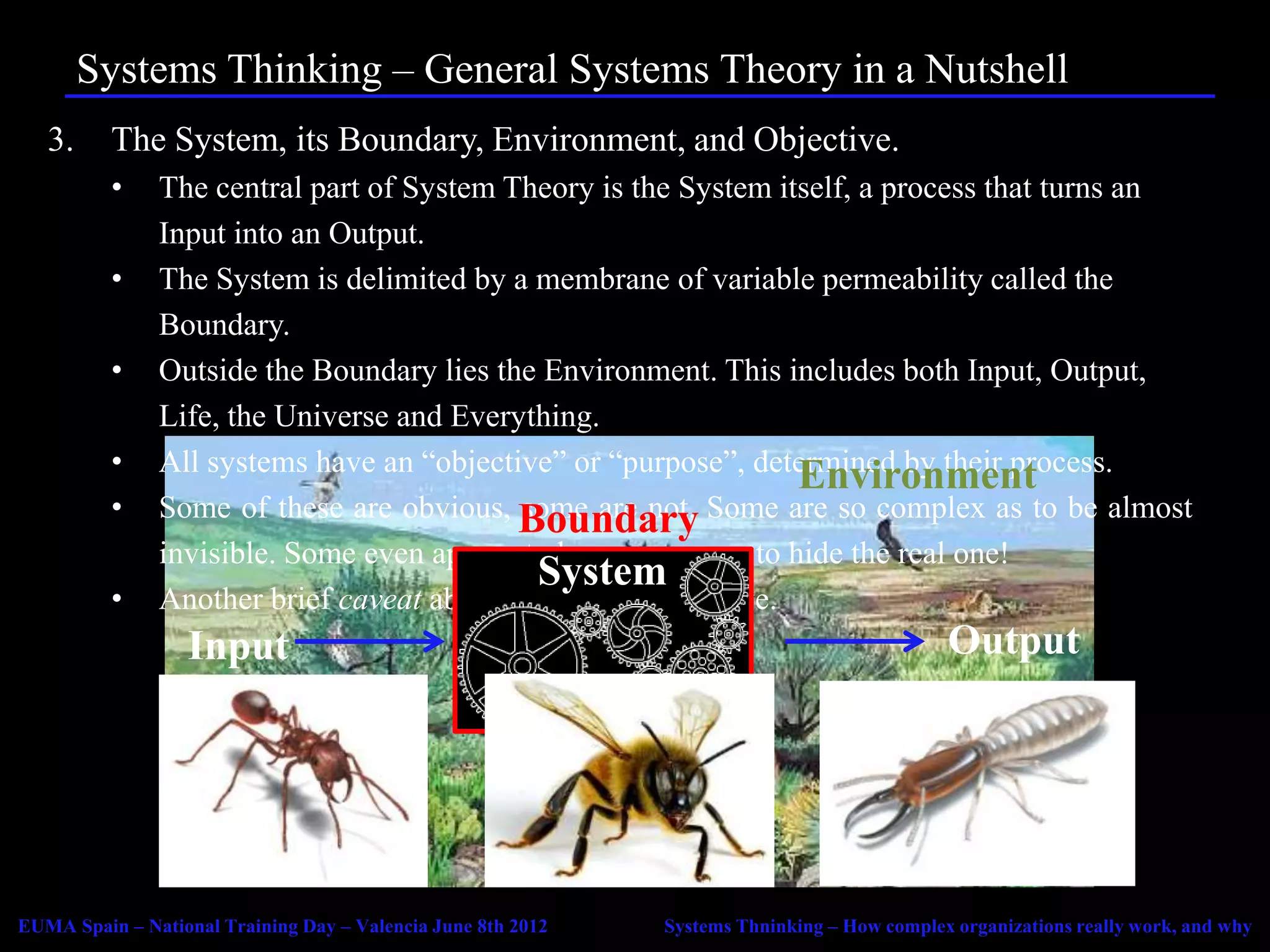 Systems Thinking – General Systems Theory in a Nutshell
   3.     The System, its Boundary, Environment, and Objective.
          •    The central part of System Theory is the System itself, a process that turns an
               Input into an Output.
          •    The System is delimited by a membrane of variable permeability called the
               Boundary.
          •    Outside the Boundary lies the Environment. This includes both Input, Output,
               Life, the Universe and Everything.
          •    All systems have an “objective” or “purpose”, determined by their process.
                                                                 Environment
          •    Some of these are obvious, Boundary Some are so complex as to be almost
                                           some are not.
               invisible. Some even appear to have a purpose to hide the real one!
                                            System
          •    Another brief caveat about design and objective.
                  Input                                                                      Output




EUMA Spain – National Training Day – Valencia June 8th 2012   Systems Thninking – How complex organizations really work, and why
 
