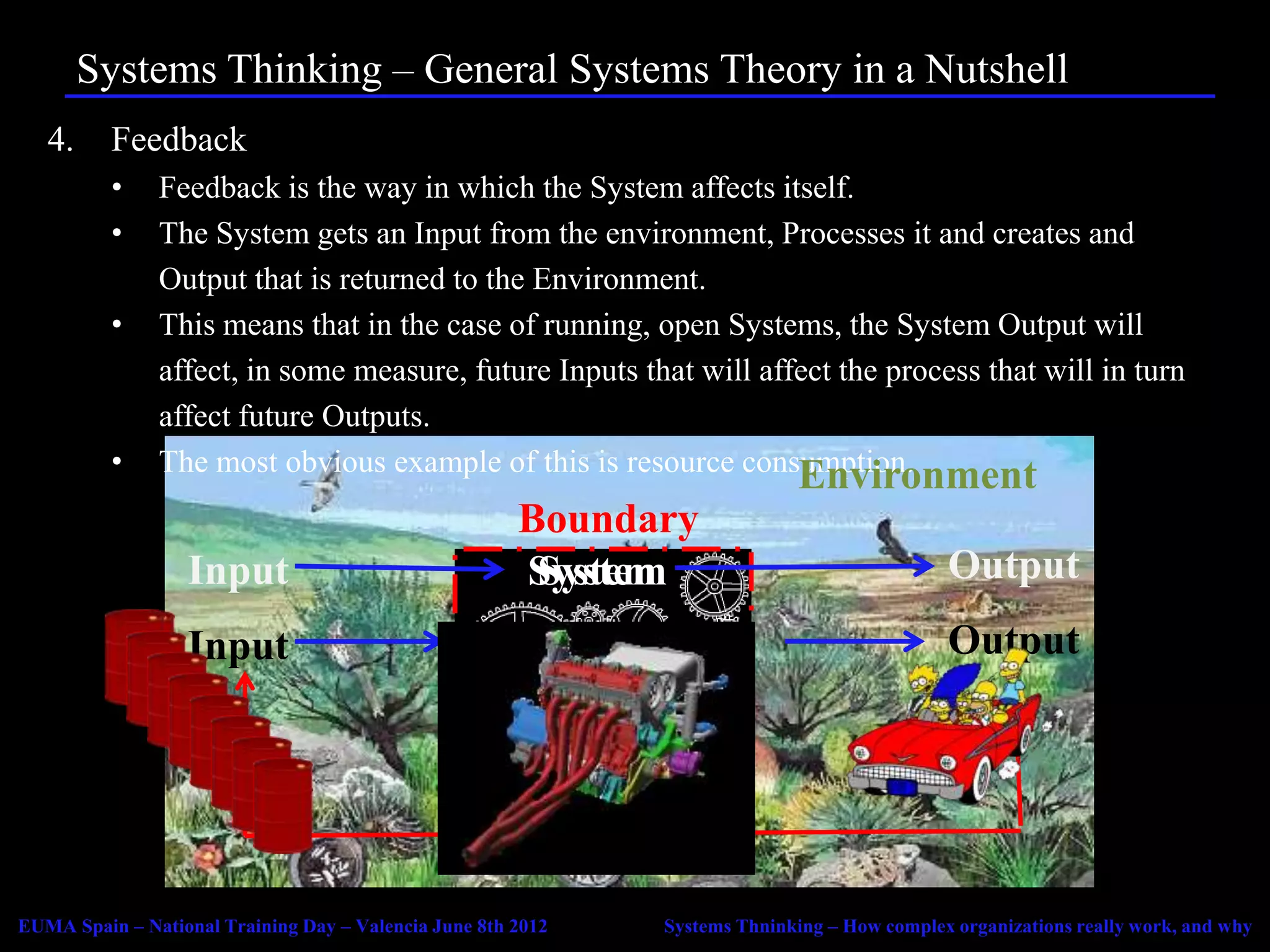Systems Thinking – General Systems Theory in a Nutshell
   4.     Feedback
          •    Feedback is the way in which the System affects itself.
          •    The System gets an Input from the environment, Processes it and creates and
               Output that is returned to the Environment.
          •    This means that in the case of running, open Systems, the System Output will
               affect, in some measure, future Inputs that will affect the process that will in turn
               affect future Outputs.
          •    The most obvious example of this is resource consumption.
                                                                                  Environment
                                                       Boundary
                  Input                                System
                                                        System                                    Output
                  Input                                                                           Output


                                                        Feedback


EUMA Spain – National Training Day – Valencia June 8th 2012        Systems Thninking – How complex organizations really work, and why
 