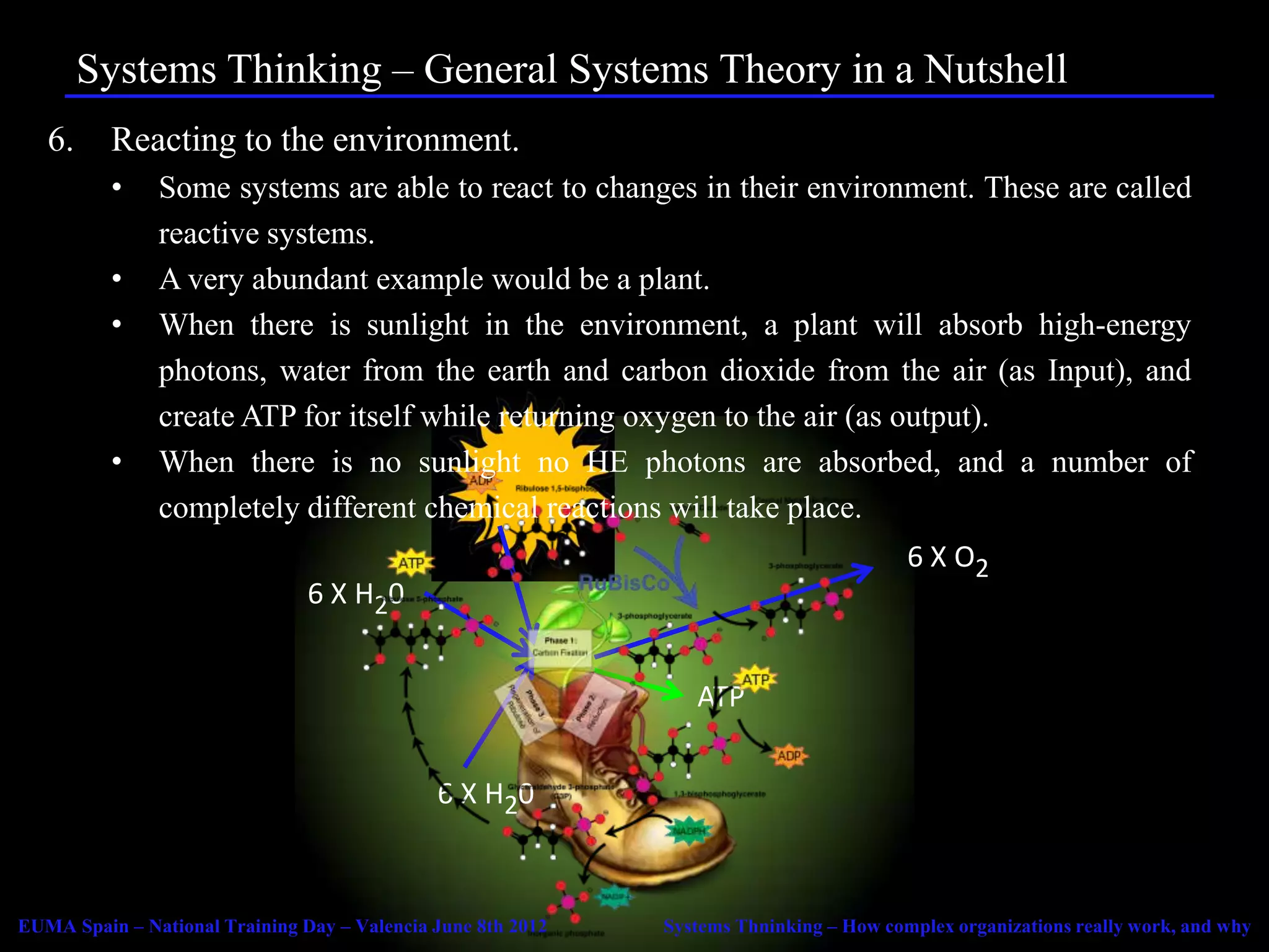 Systems Thinking – General Systems Theory in a Nutshell
   6.     Reacting to the environment.
          •    Some systems are able to react to changes in their environment. These are called
               reactive systems.
          •    A very abundant example would be a plant.
          •    When there is sunlight in the environment, a plant will absorb high-energy
               photons, water from the earth and carbon dioxide from the air (as Input), and
               create ATP for itself while returning oxygen to the air (as output).
          •    When there is no sunlight no HE photons are absorbed, and a number of
               completely different chemical reactions will take place.
                                                                                         6 X O2
                                6 X H20


                                                                 ATP


                                              6 X H20



EUMA Spain – National Training Day – Valencia June 8th 2012   Systems Thninking – How complex organizations really work, and why
 