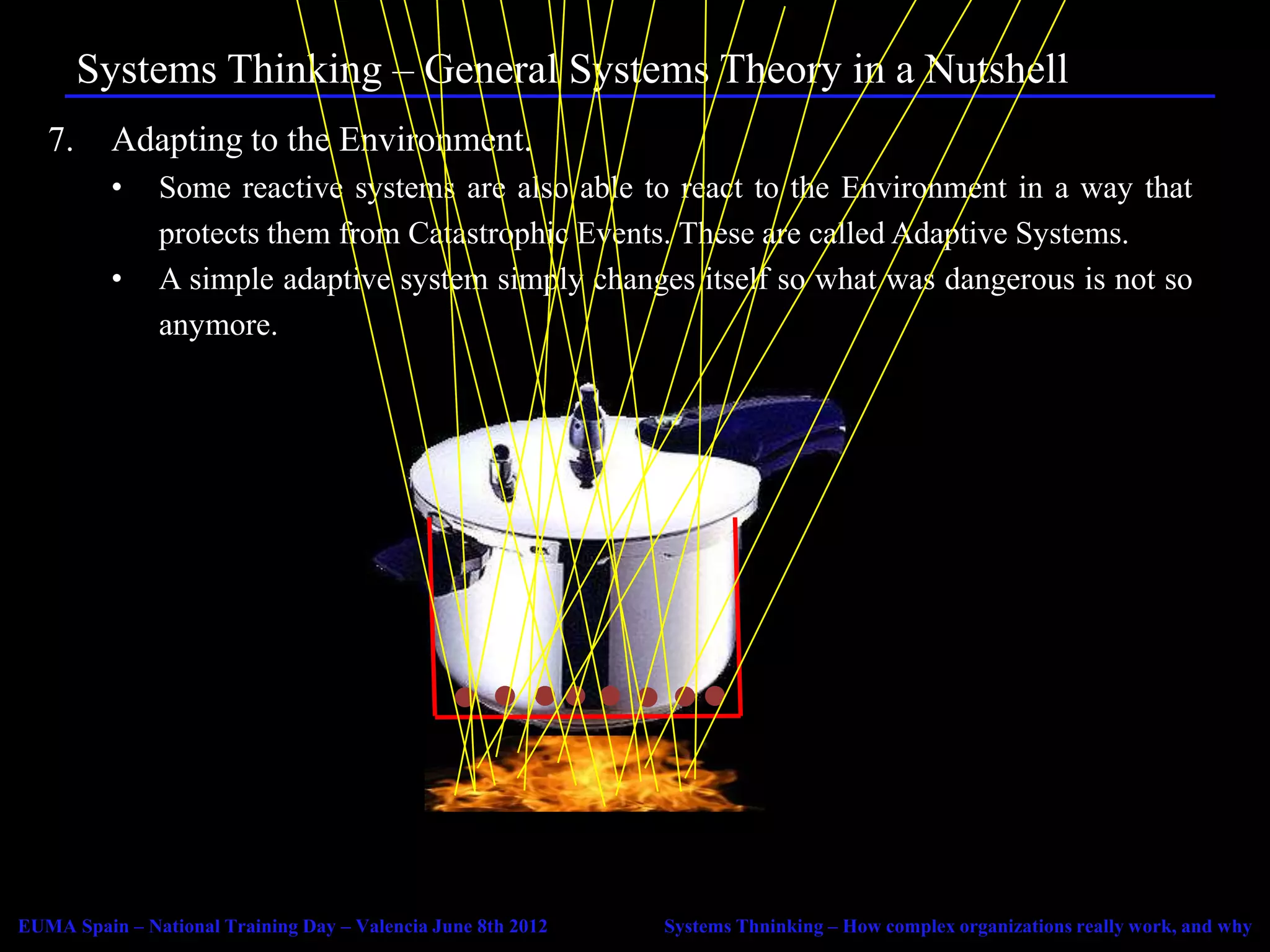 Systems Thinking – General Systems Theory in a Nutshell
   7.     Adapting to the Environment.
          •    Some reactive systems are also able to react to the Environment in a way that
               protects them from Catastrophic Events. These are called Adaptive Systems.
          •    A simple adaptive system simply changes itself so what was dangerous is not so
               anymore.




EUMA Spain – National Training Day – Valencia June 8th 2012   Systems Thninking – How complex organizations really work, and why
 