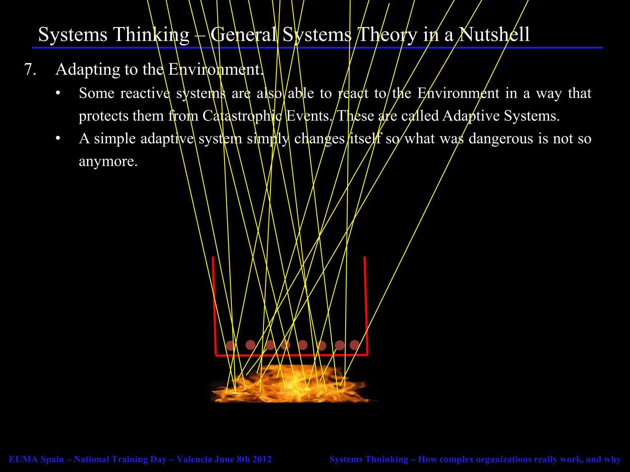 Systems Thinking – General Systems Theory in a Nutshell
   7.     Adapting to the Environment.
          •    Some reactive systems are also able to react to the Environment in a way that
               protects them from Catastrophic Events. These are called Adaptive Systems.
          •    A simple adaptive system simply changes itself so what was dangerous is not so
               anymore.




EUMA Spain – National Training Day – Valencia June 8th 2012   Systems Thninking – How complex organizations really work, and why
 