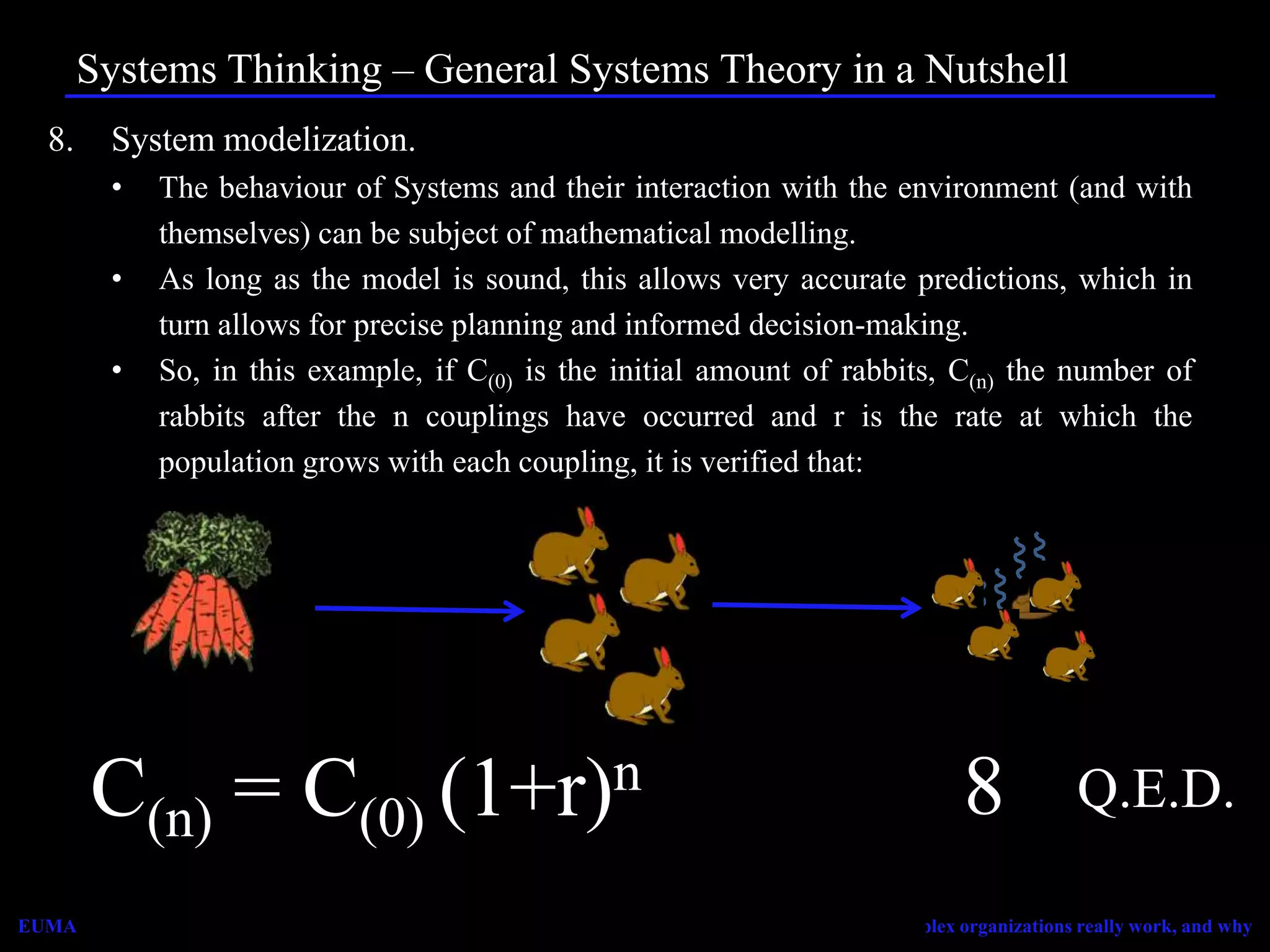 Systems Thinking – General Systems Theory in a Nutshell
   8.     System modelization.
          •    The behaviour of Systems and their interaction with the environment (and with
               themselves) can be subject of mathematical modelling.
          •    As long as the model is sound, this allows very accurate predictions, which in
               turn allows for precise planning and informed decision-making.
          •    So, in this example, if C(0) is the initial amount of rabbits, C(n) the number of
               rabbits after the n couplings have occurred and r is the rate at which the
               population grows with each coupling, it is verified that:




                          n
        C(n) = C(n-1) + 100% C(2) 8
           2 4 (3-1) r 4 (n-1) (3-1)
                    (1+r)C 4 =                                                                              Q.E.D.
         (3)    (0)
                (2)
EUMA Spain – National Training Day – Valencia June 8th 2012   Systems Thninking – How complex organizations really work, and why
 