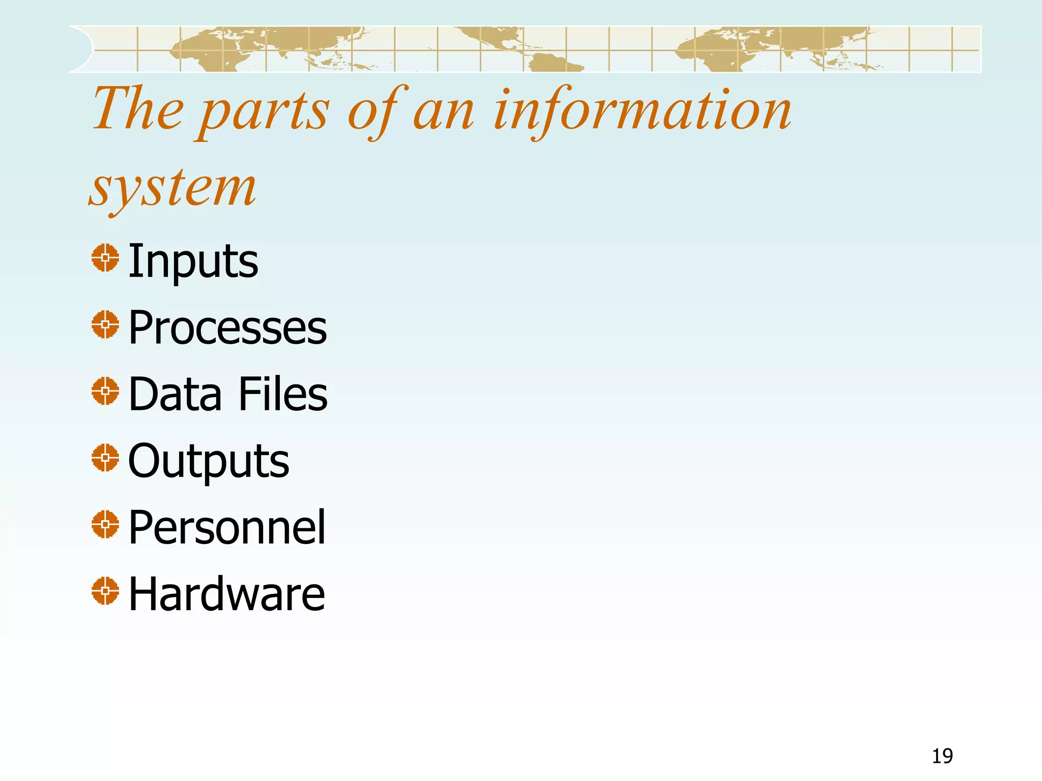 The parts of an information
system
Inputs
Processes
Data Files
Outputs
Personnel
Hardware

19

 