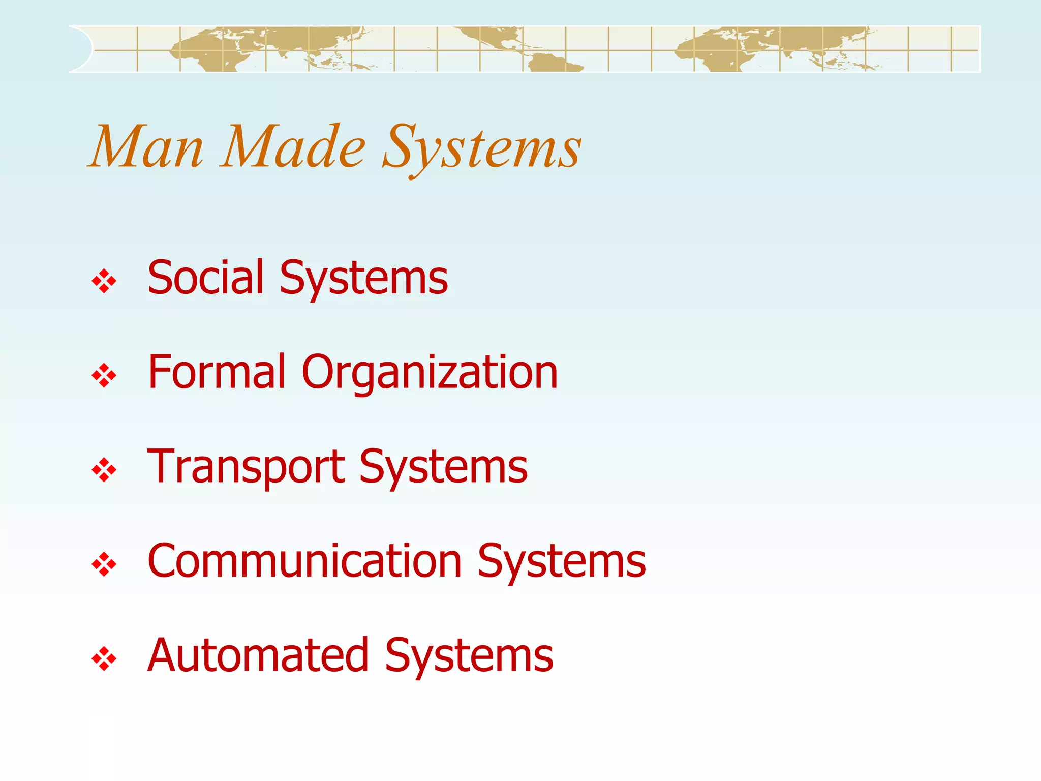 Man Made Systems


Social Systems



Formal Organization



Transport Systems



Communication Systems



Automated Systems

 