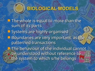 BIOLOGICAL MODELS
BIOLOGICAL MODELS
 The whole is equal to more than the
The whole is equal to more than the
sum of its parts
sum of its parts
 Systems are highly organised
Systems are highly organised
 Boundaries are very important, as are
Boundaries are very important, as are
patterned transactions
patterned transactions
 The behaviour of the individual cannot
The behaviour of the individual cannot
be understood without reference to
be understood without reference to
the system to which s/he belongs
the system to which s/he belongs
 